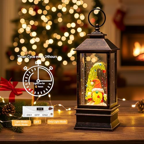 10'' Christmas Gnomes Snow Globe Lantern Lighted Whimsical Christmas Tree & Scandinavian Santa Elf Musical Water Lantern Swirling Glittering Home Decoration and Gift, Battery Operated or USB Powered