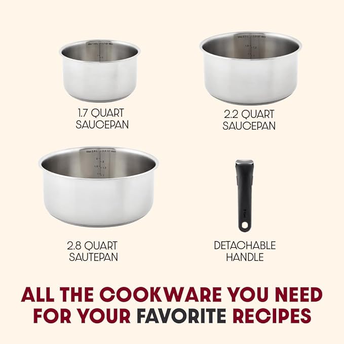 T-fal Ingenio Expertise Stainless Steel Cookware Set 4 Piece, Induction, Oven Safe, Stackable Cookware, Pots and Pans, RV, Camping, Frying Pans, Dishwasher Safe, Detachable/Removable Handle, Silver