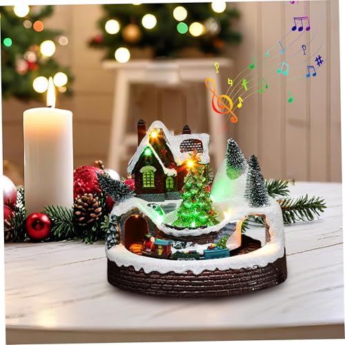 Christmas Village Figurines, 4.7x6.1inch Resin Christmas Village House with Rotating Train & Xmas Tree, Light up Musical Animated Display Collectible House for Home Tabletop Decorations