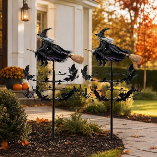 The Enchanted Witch Garden Wind Spinner, Halloween Outdoor Metal Yard Stake with Flying Witch and Bat Rings, Kinetic Yard Decor for Lawn, Patio, Front Porch and Seasonal Garden Display