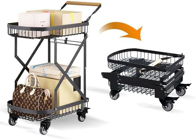 LeleCAT 2-Tier Storage Cart with Wheels, Heavy Duty Folding Rolling Cart,110lbs Capacity Easy Assembly Grocery Cart for Kitchen & Shopping - Collapsible Space-Saving Utility Cart Effortless Carry