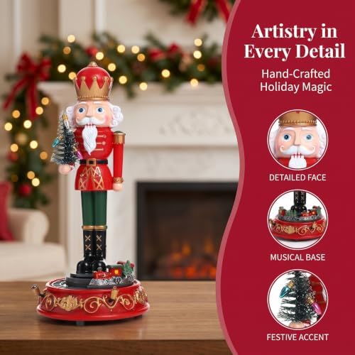 VOSAREA 2pcs Traditional Nutcracker Figurines Music Box - Christmas Tabletop Nutcracker Decor with Wind-up Spinning Train - Holiday Shelf Centerpiece for Home Office