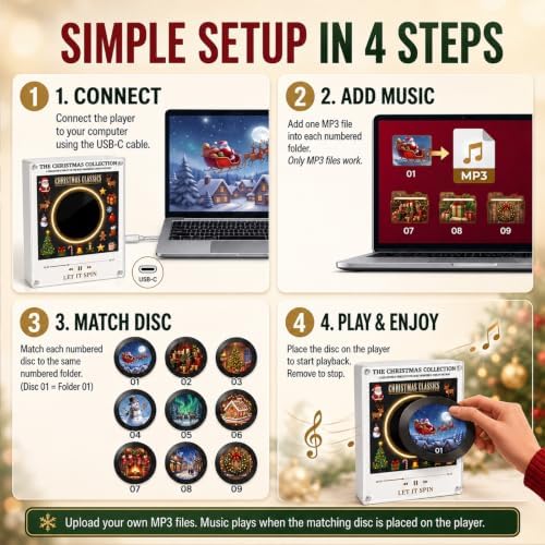 Refrigerator Music Player, Magnetic Refrigerator MP3 Music Box with 9 CDs, Rotating Vinyl Disc, LED Ambient Light, USB-C Customizable Song Player, Christmas Kitchen Decor Gift