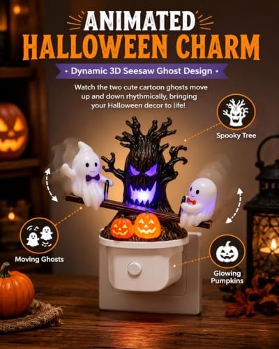 Animated Seesaw Ghost Plug in LED Night Light Halloween Lights with Spooky Tree Pumpkin Design Decor 3D Cute Halloween Ghost Light 2026 New Halloween Pumpkin Trees Lamp Table Lamps