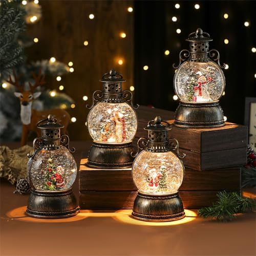 Christmas Snow Globe Lantern, Christmas Snow Globes with Rotating Base, Glitter Swirling Musical Box with Musical LED Lights, Battery Operated & USB Powered Christmas Lanterns for Table Party Decor