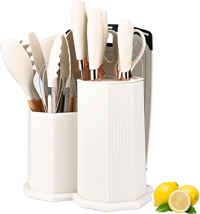 Kitchen Cooking Utensils and Knife Set with Holder Block, 19 Pieces Cooks Cutting Set 11 Pcs Silicone Cooking Utensils Sharp Stainless Steel Knives Scissors Whisk Tongs and Cutting Board (Beige)