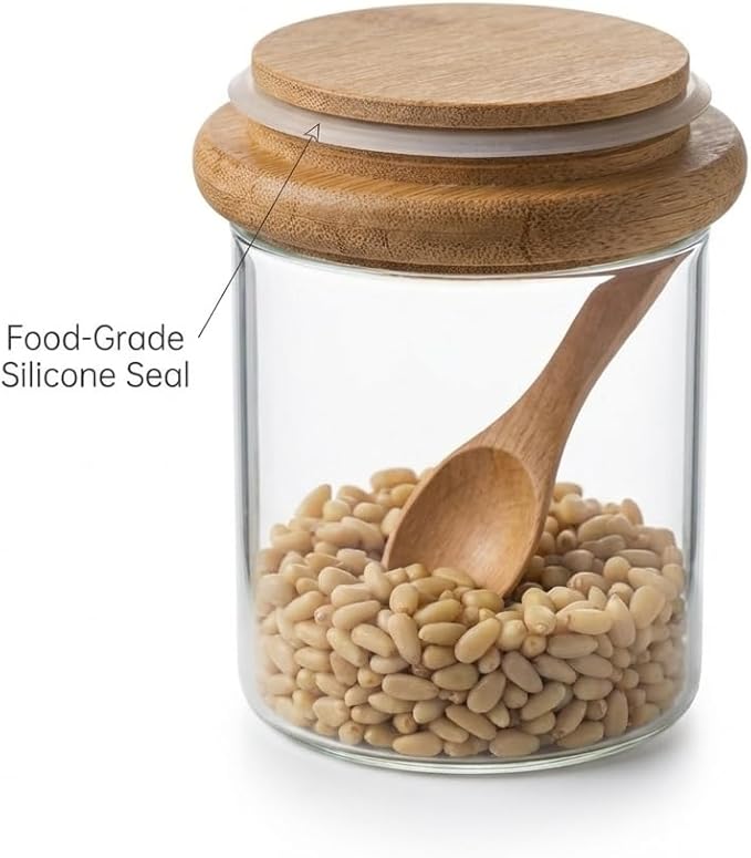 Glass Food Storage Canisters with Airtight Bamboo Lids, Set of 3 Clear Glass Jars with Spoons, 27oz Stackable Kitchen Containers for Coffee, Tea, Sugar, Flour & Pantry Organization