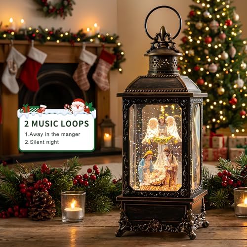 VISFLAIR Christmas Snow Globe Lighted Angel & Nativity Scene, Musical Water Lantern in Swirling Glitter, Battery Operated or USB Powered Holiday Decorations Gifts for Family, Children or Friends