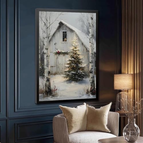 Rustic Christmas Barn Poster Winter Farmhouse Snow Landscape Wall Art