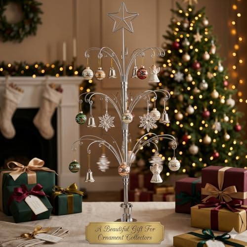 HOHIYA 47" Rotating Ornament Display Tree 60 Hooks Silver Metal Stand