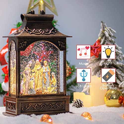 VCUTEKA Christmas Snow Globe Lantern, Jesus in Musical Lantern with USB or Battery Operated Lighted LED Water Glittering Music Playing for Christmas Home Decor Xmas Gift
