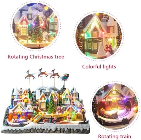 Christmas Village Centerpiece Decor, with Rotating Train and Village Buildings, Featuring LED Lights, Christmas Music, and Animation