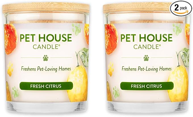 One Fur All Pet House Candle 2 Pack - Plant-Based/Soy - Clean Burning Scented, Long Lasting Pet Odor Candle for Home - Fresh Citrus