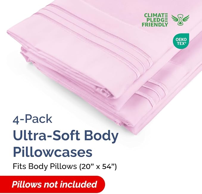 Body Pillowcases Set of 4-20x54 Long Body Pillow Case - Soft Body Pillow Cover for Sleeping & Side Sleepers - Comfy, Breathable & Fade Free - Machine Washable w/Envelope Enclosure - (Light Pink)
