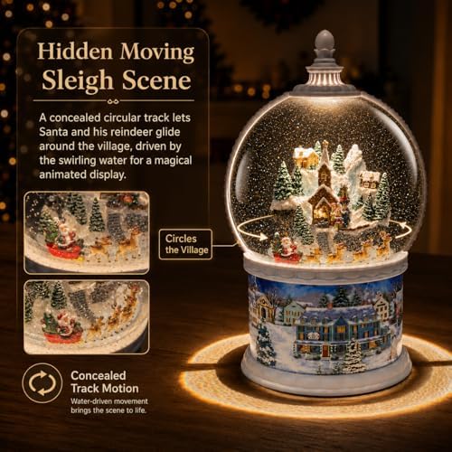 10.24" Large Christmas Snow Globe Lantern, Lighted Musical Winter Village with Swirling Glitter, Rotating Santa & Reindeer, USB/Battery Powered, 6H Timer, Christmas Tabletop Decor