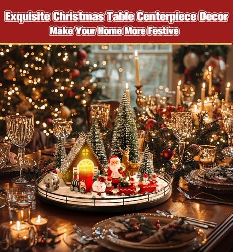 Oroyutor 12-Piece Christmas Village Centerpiece with 13-Inch Oak Lazy Susan