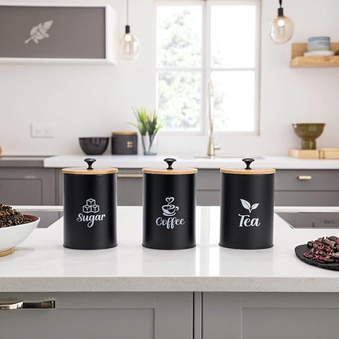3 Pack Kitchen Canisters with Bamboo Lids, Metal Canister Set for the Kitchen Counter, Airtight Coffee Container Tea Organizer & Sugar Canister, Rustic Kitchen Decor Containers-Black