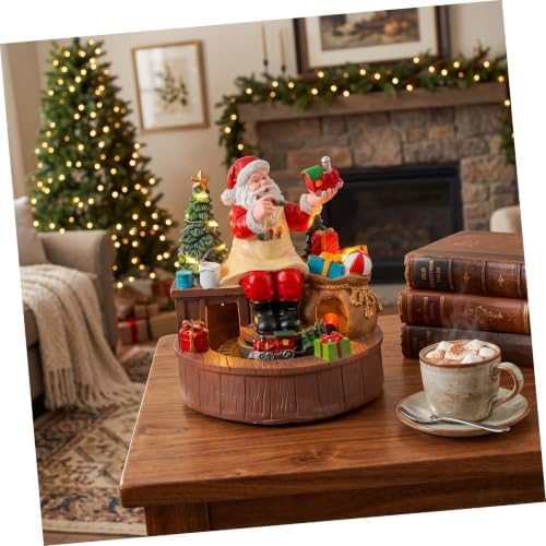 DOITOOL Musical Box and LED Warm Light with Rotating Santa Figurine Christmas Resin Xmas Music Box Battery Operated Glowing Centerpiece for Indoor Holiday Setting