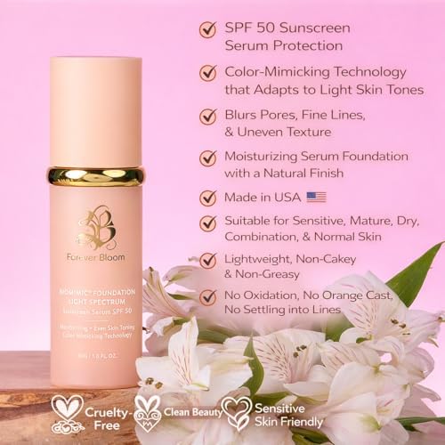 Forever Bloom Bio Mimic Foundation Light Spectrum SPF50 hydrates, conceals and evens tone with a lightweight, anti-aging finish for mature, sensitive skin—perfect for gym, sports or dance