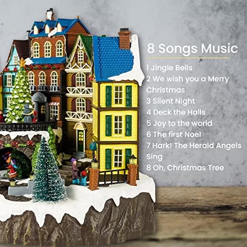 Christmas Village House, 12.4" H Large Size, Colourful LED Lights with Christmas Music, Rotating Christmas Trees and Roller Skaters, Christmas Decoration for Home (Yellow)