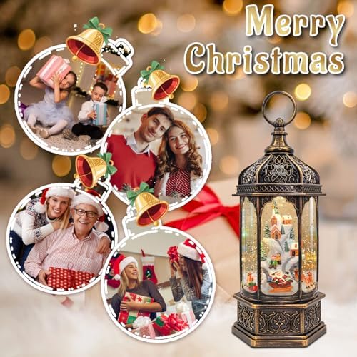 DGSCAK Lighted Musical Christmas Snow Globe Lantern, 12.99" Rotating Santa Village Scene with Swirling Snow, 8 Songs, 6H Timer, USB or Battery Operated, Hanging Christmas Decor