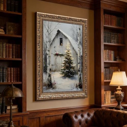 Rustic Christmas Barn Poster Winter Farmhouse Snow Landscape Wall Art