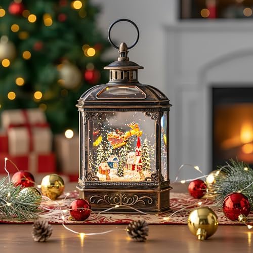 VISFLAIR Christmas Snow Globe Lighted Church & Flying Santa Scene, Musical Snow Water Lantern Swirling Glittering Home Decoration and Gift, Battery Operated or USB Powered