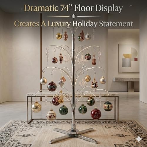 HOHIYA 74" Rotating Ornament Display Tree 90 Hooks Chrome Silver