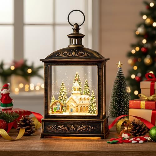 12.5'' Musical Snow Globe Lantern Lighted Church with Nativity Manger Scene Water Lantern in Swirling Glitter, Christmas Home Decoration and Gift, Battery Operated or USB Powered