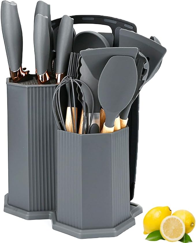 Kitchen Cooking Utensils and Knife Set with Holder Block, 19 Pieces Cooks Cutting Set 11 Pcs Silicone Cooking Utensils Sharp Stainless Steel Knives Scissors Whisk Tongs and Cutting Board (Grey)