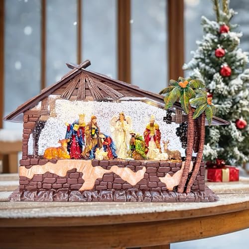 13.2''Nativity Christmas Snow Globe Lantern - Cottage & Nativity Scene (Jesus Birth), Lighted with Swirling Glitter, USB Powered, Plays Music, Holiday Decoration & Festive Gift