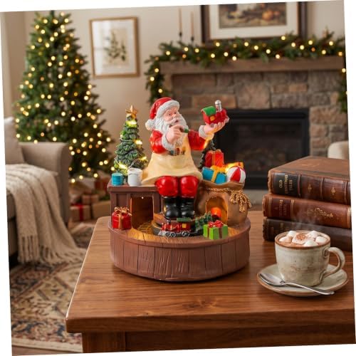 Rotating Christmas Music Box with Santa Figurine and Train Ornament, Resin Battery Operated Holiday Decor with Warm LED Lights, for Christmas Family Gatherings and Window Displays