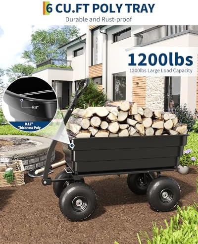 Heavy-Duty 1200 lb (125L) 10 Cu.Ft. Poly Garden Dump Cart with 180° Pivot Handle, 13" No-Flat Tires & Quick-Release Dump – All-Terrain Yard Cart in Black