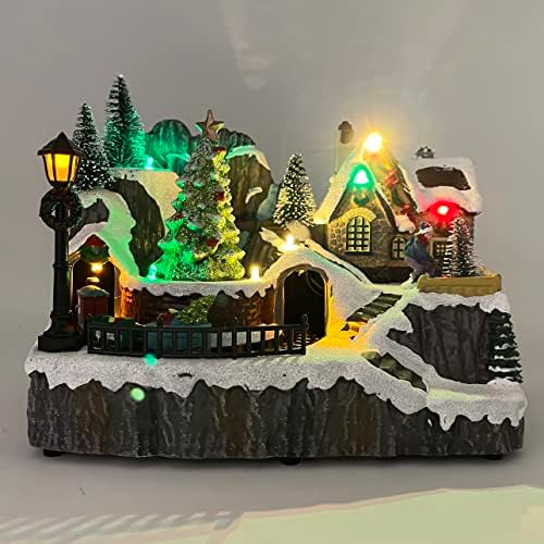 allgala Christmas Village House with Train Crafted Polyresin Christmas House Collectable Figurine with USB and Battery Dual Power Source-Moving Train and Tree-XH93446