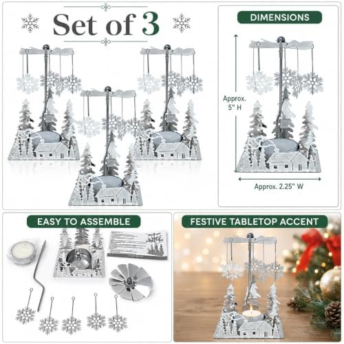 Winter Cabin Silver Holiday Candle Spinners Set of 3, Silver Plated Laser Cut Christmas Tea Light Candle Holders with Cabin, Trees & Snowflake Charms, Spinning Winter Scene Table Decor, 5 Inch