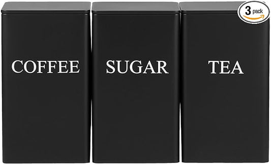 3Pcs Tea Coffee Sugar Canisters Set, Metal Coffee and Sugar Containers, Versatile Kitchen Storage Jars with Airtight Lids, Space Saving Food Canisters Set for Home Kitchen (Black)