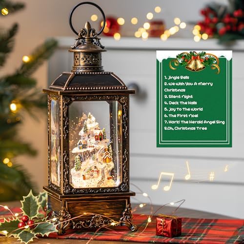 Christmas Snow Globe Lantern Musical Lighted Snow Mountain Snowman Village Water Lantern with Swirling Glitter Decoration for Christmas Home, Living Room, Batter Operated or USB Powered