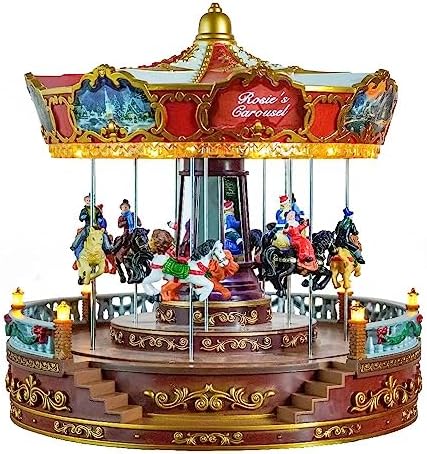 Christmas Carousel Decoration, 14inch Large Size, Carousel Go Round with Music and Lights, Realistic Scene, Add Christmas Atmosphere, Perfect （red）