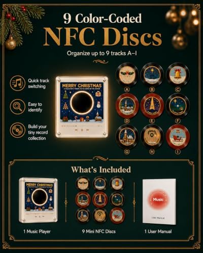 Magnetic Fridge Vinyl Music Box Christmas - 128MB NFC Magnetic Fridge Music Player with 9 Vinyl Style Discs & LED Light, Mini Vinyl Record Player for Holiday Home Display & Gifting，A