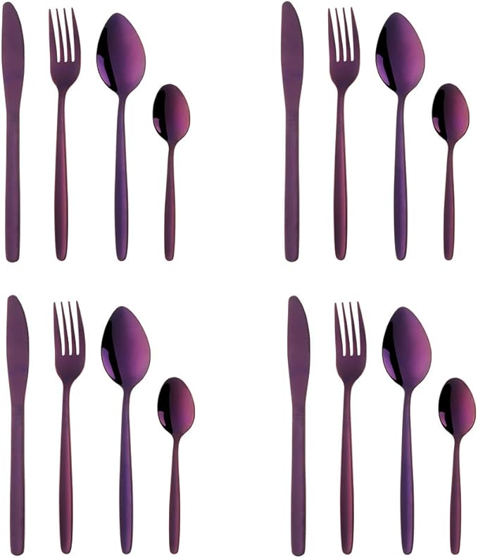 BuyGo Purple Silverware Flatware Set, 16-Piece Light Weight Stainless Steel Eating Utensil Service for 4, Include Knife Fork Spoon, Dishwasher Safe