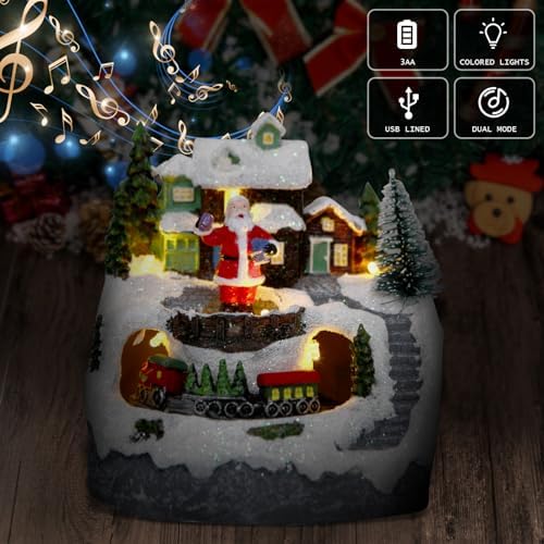 Christmas Decorations Village House Resin Collectible Building Figurines Revolving Train Musical Snow Globe 8 Music for Vintage Christmas Decor (Santa)