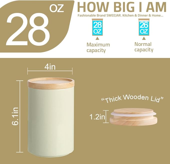 Sweejar Kitchen Canisters Ceramic Food Storage Jar, Stackable Containers with Airtight Seal Wooden Lid for Serving Ground Coffee, Tea, Sugar, Salt and More - 28 Fl Oz (Beige)