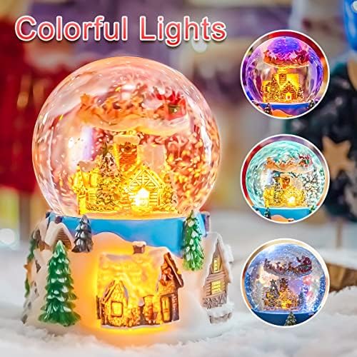 Christmas Snow Globe Music Box with Santa Flying Over Village, Lighted Musical Christmas Decoration with Snowfall Glitter Effect, 14 Christmas Melodies, Holiday Tabletop Mantel Decor