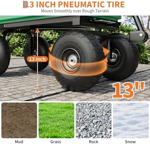 Heavy-Duty 1200 lb 6 Cu.Ft. Garden Dump Cart with 4-Wheel All-Terrain Design, 180° Pivot Handle & Quick-Release Tipping – Green Bucket with Black Iron Frame