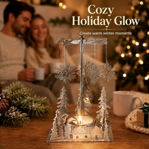 Holiday Cabin Candle Spinner, Silver Plated Christmas Tea Light Holder with Laser Cut Cabin, Trees & Snowflake Charms, 5 Inch Spinning Winter Scene Candle Decor for Mantel Table Centerpiece
