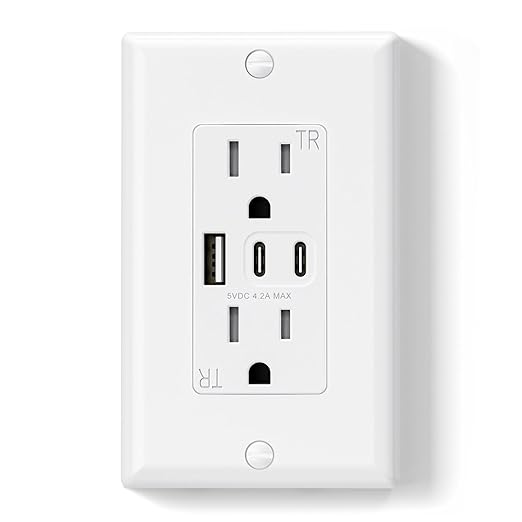 ELEGRP USB Outlets, 15 Amp Wall Outlet with 3 USB Ports, Dual USB C Ports Outlets, TR Tamper-Resistant USB Outlets Receptacles, Wall Plate Included, UL/CUL Listed, 1 Pack, White