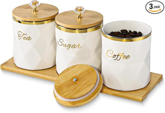 White Ceramic Storage Canister for Coffee Sugar Tea Containers Set of 3, Coffee Sugar Tea Canisters Set with Bamboo Lids and Tray, Airtight Food Storage Jars for Kitchen Pantry