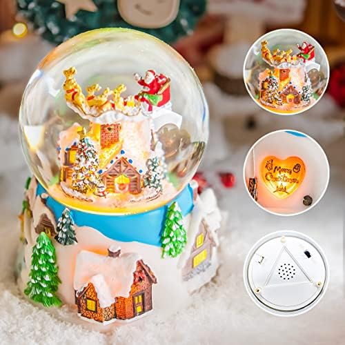 Christmas Snow Globe Music Box with Santa Flying Over Village, Lighted Musical Christmas Decoration with Snowfall Glitter Effect, 14 Christmas Melodies, Holiday Tabletop Mantel Decor