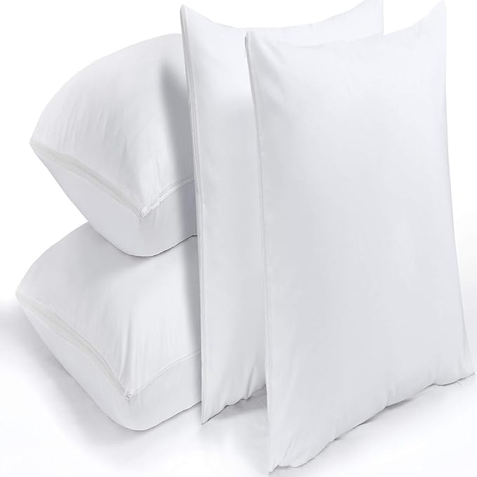 Ultra Soft Pillow Protectors with Zipper Standard Size - Set of 4 Breathable Pillow Covers - 100% Protection Against Stains, Dust & Dirt - Machine Washable (White)