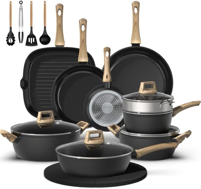 Bazova 23-Piece Pots and Pans Set Non Stick,Titanium Ceramic Cookware Set Non Toxic,Long-Lasting,PFAS Free,Induction Compatible,Complete Kitchen Set with 3 Frying Pans for All Cooking needs